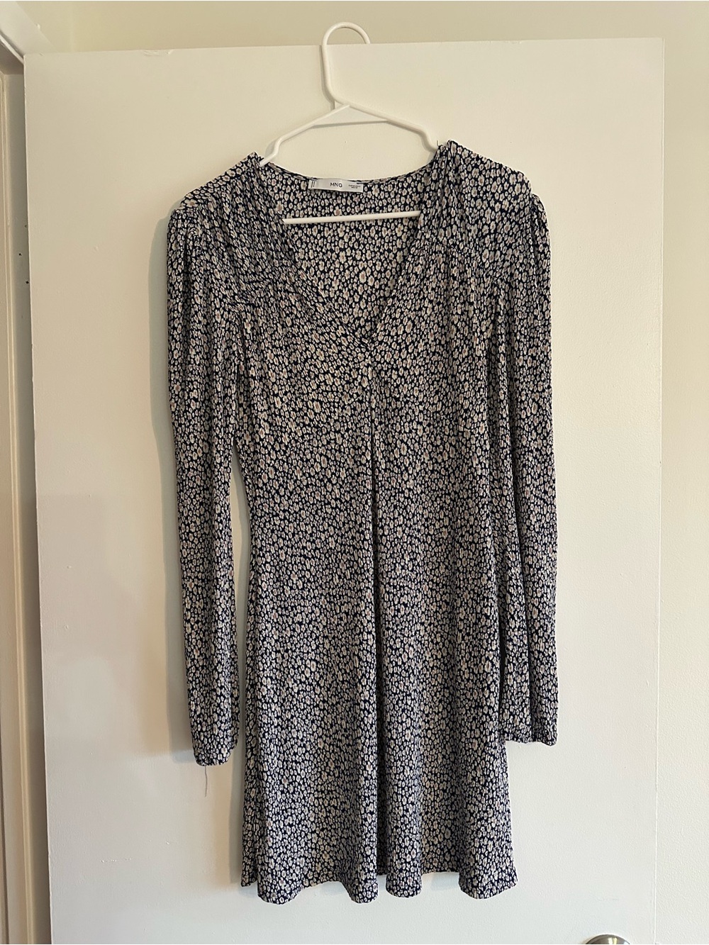 Mango Navy and White Long Sleeve V-Neck Floral Dress